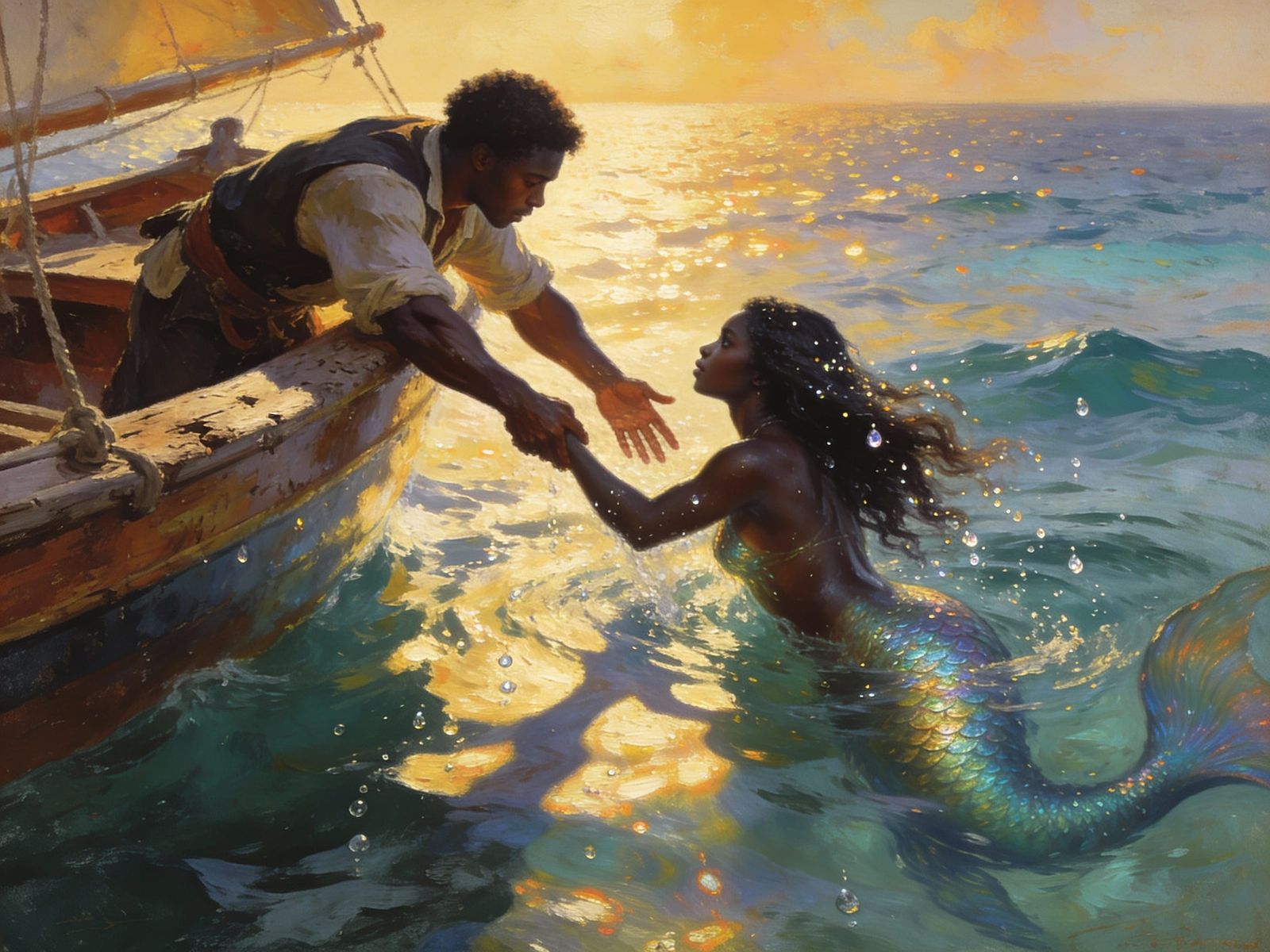 Black Mermaid and Sailor Embrace in Caribbean Sea