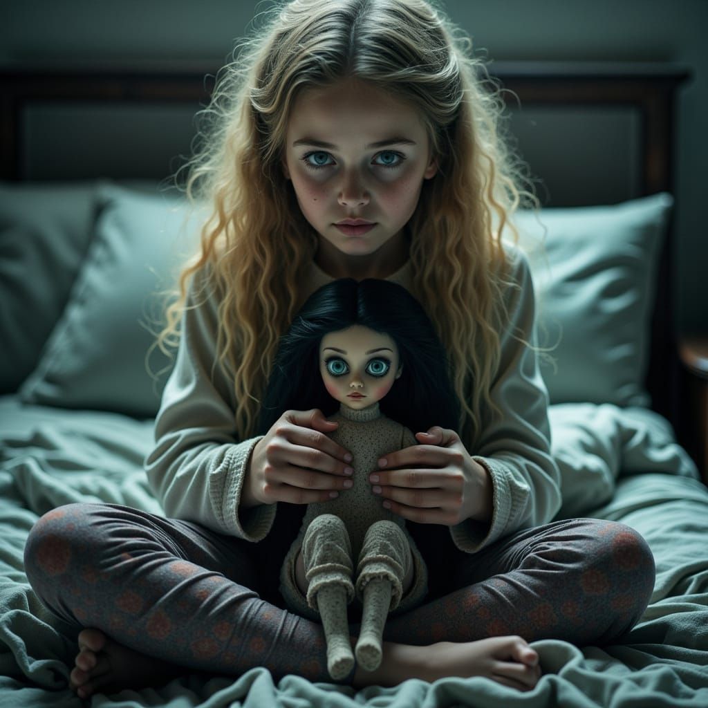 Girl with Golden Hair Sits on Bed with Doll and Hidden Monst...
