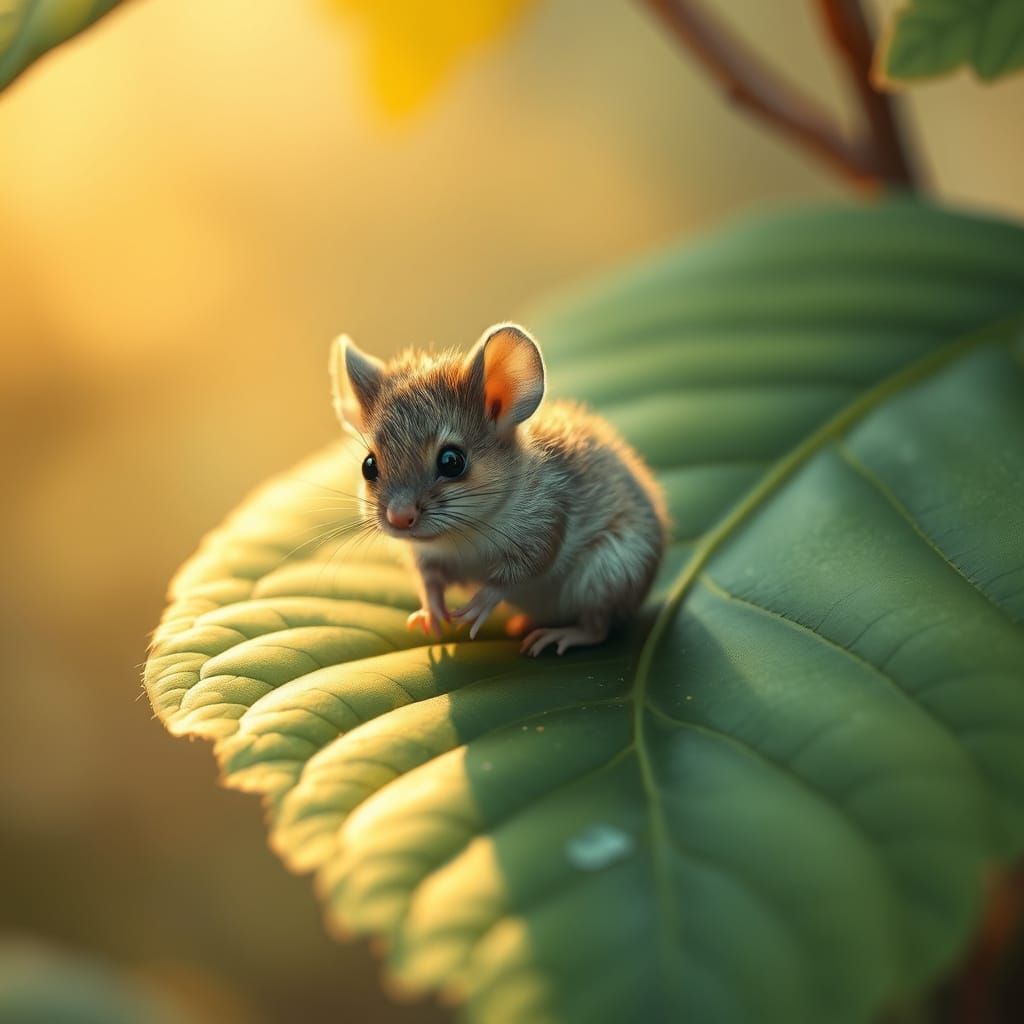 Furry Mouse on Green Leaf with Soft Light