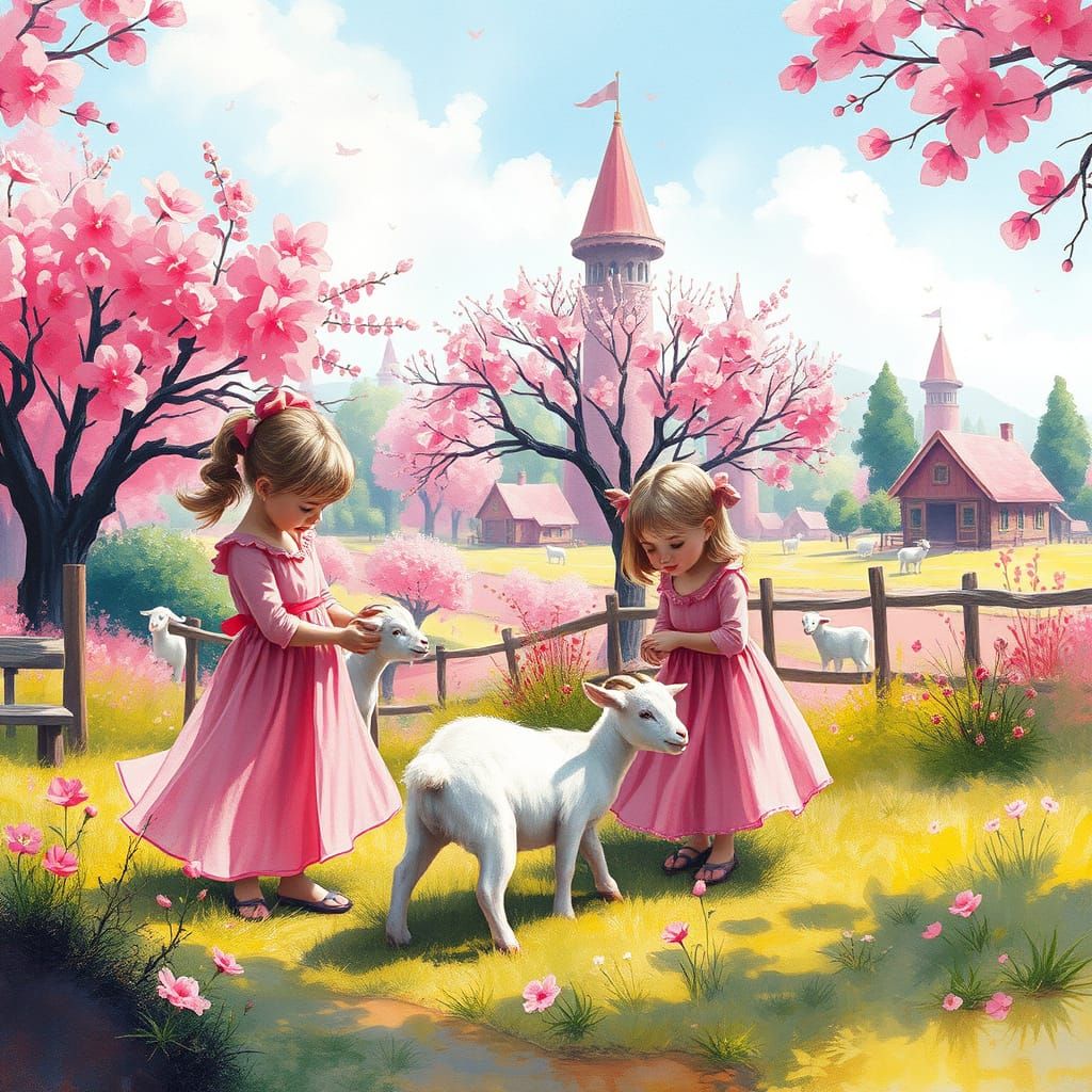 Surreal Blossom Park Scene with Whimsical Children and Baby ...