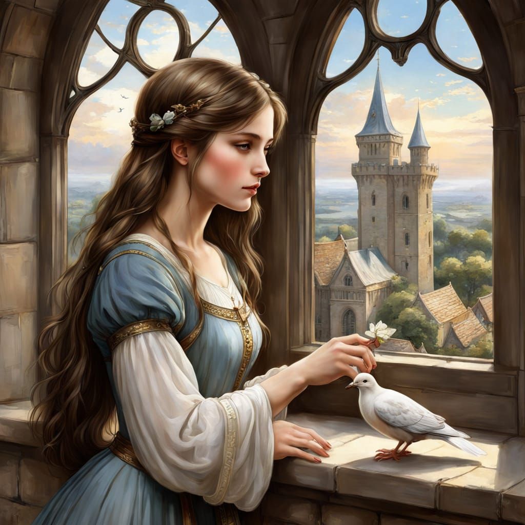 Medieval Maiden with Dove in Tower Window