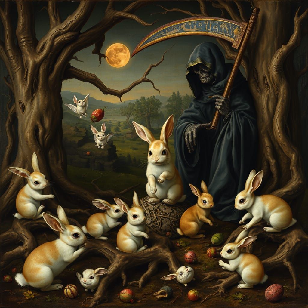 Bunnies in a Fantastical Bosch-Inspired Landscape