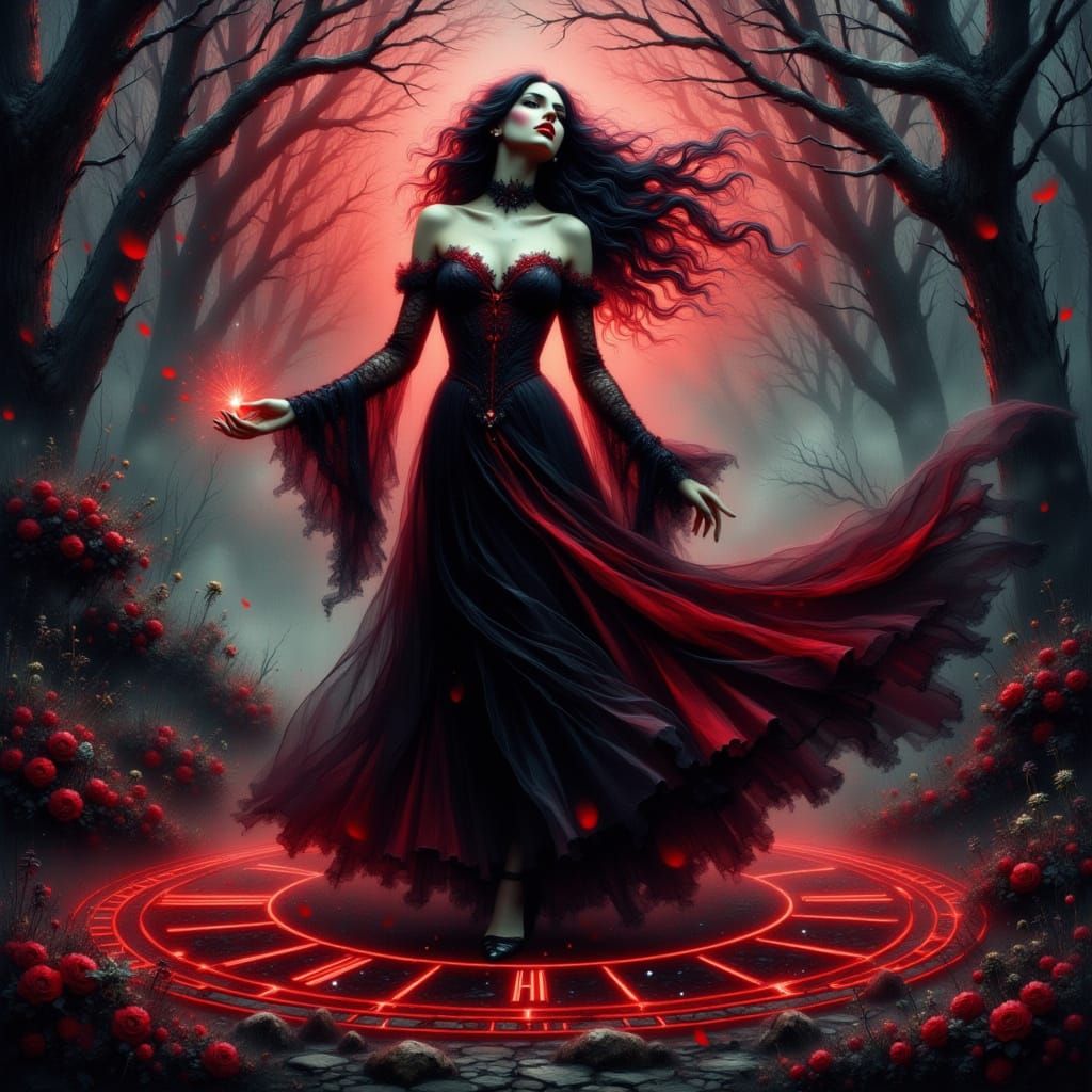 Gothic Enchantress Casting Spell in Moody Garden