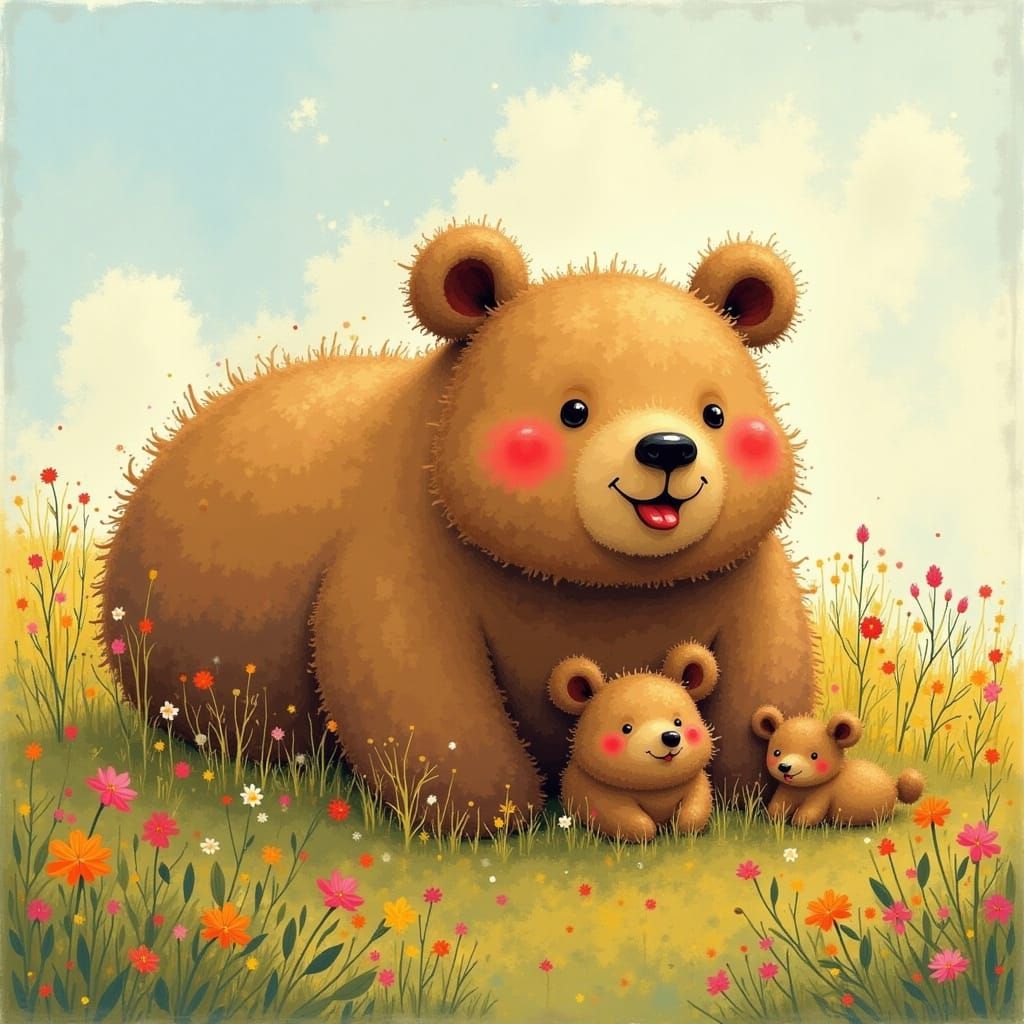 Charming Bear Family Playing in Wildflower Meadow
