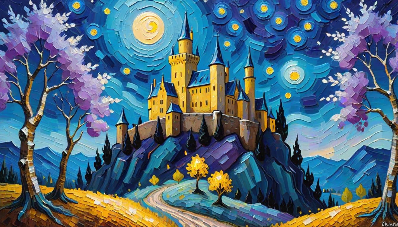 Castle and Birches Under Starry Sky