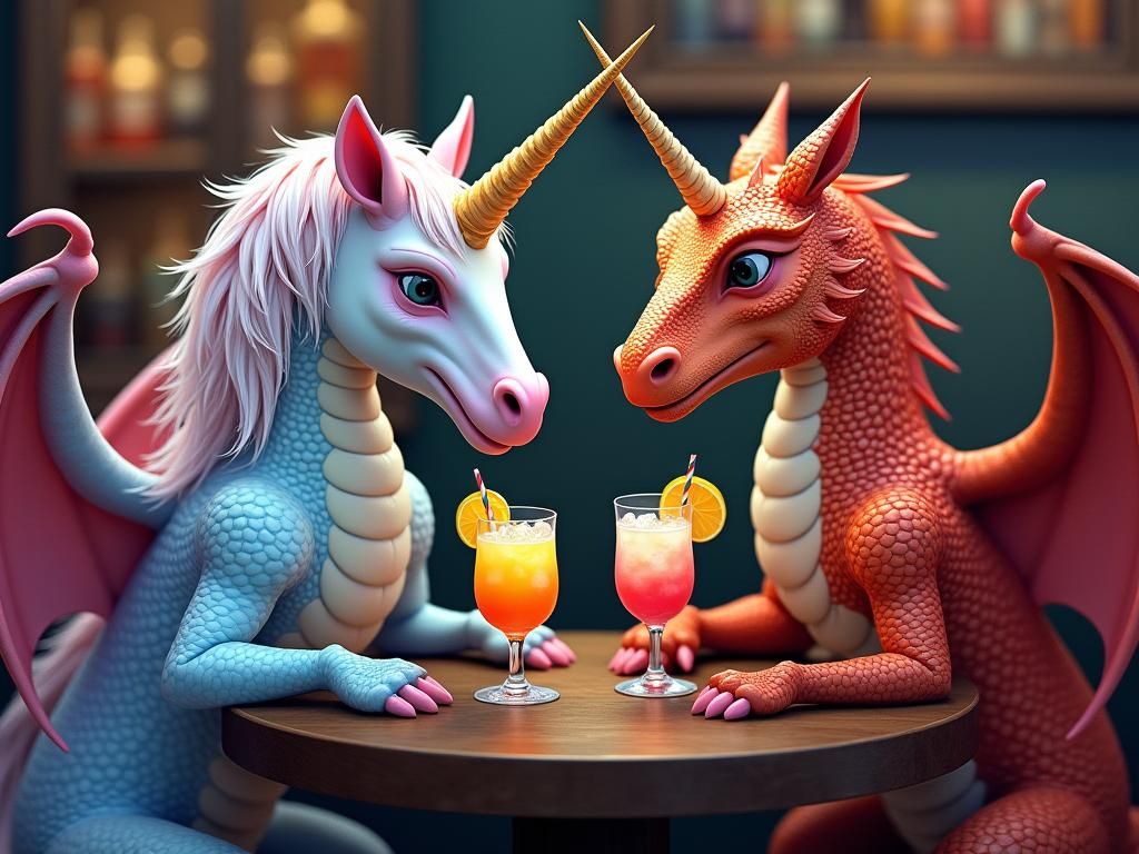 Unicorn and Dragon at Bar, Fantasy Digital Art