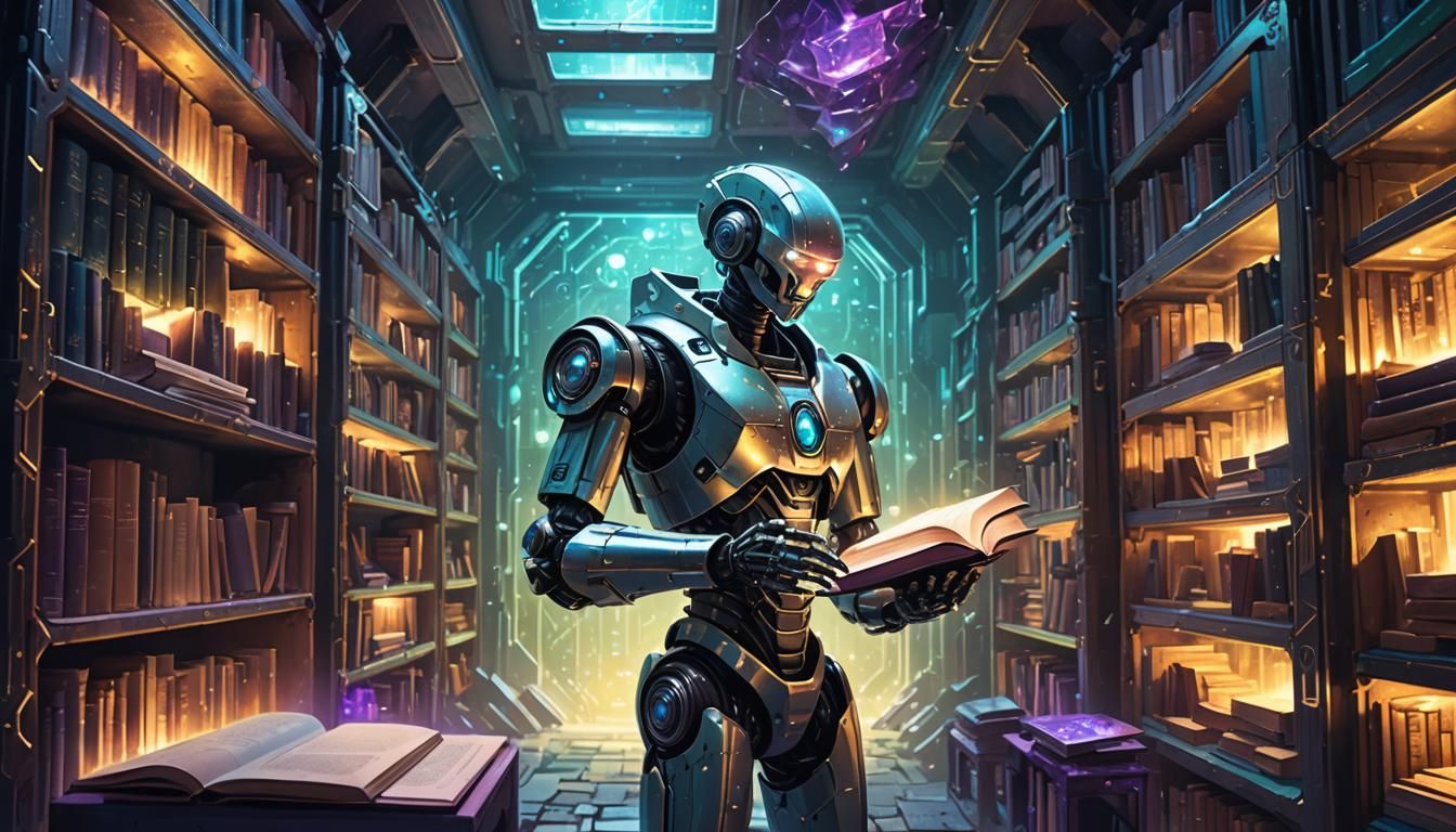 Futuristic Robot Choosing Book in Sci-Fi Catacomb