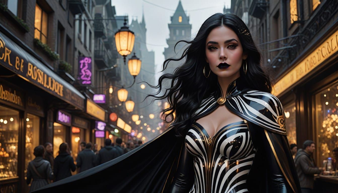 Sleek Female Figure in Hypnotic Latex Bodysuit and Cape