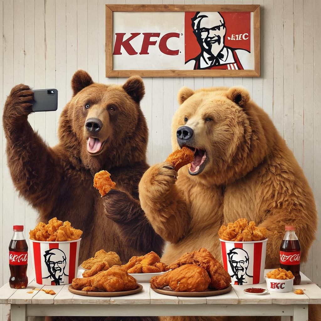 Bears Enjoy Fried Chicken Feast in a Humorous Selfie