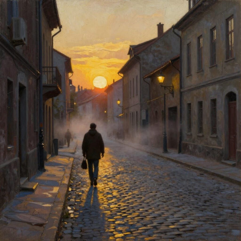 Golden Hour European Street Scene in Impasto Oil Style