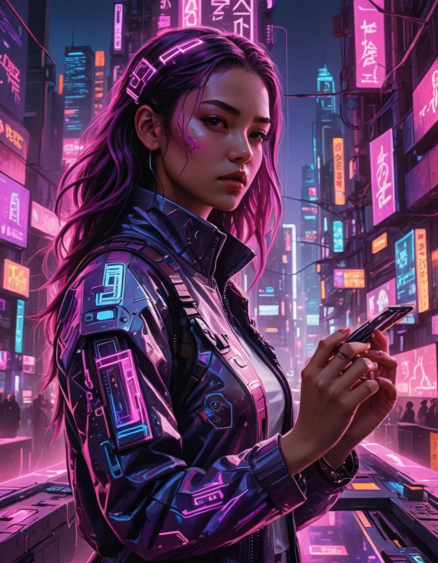 Girl Painting Hologram in a Neon Cyberpunk City