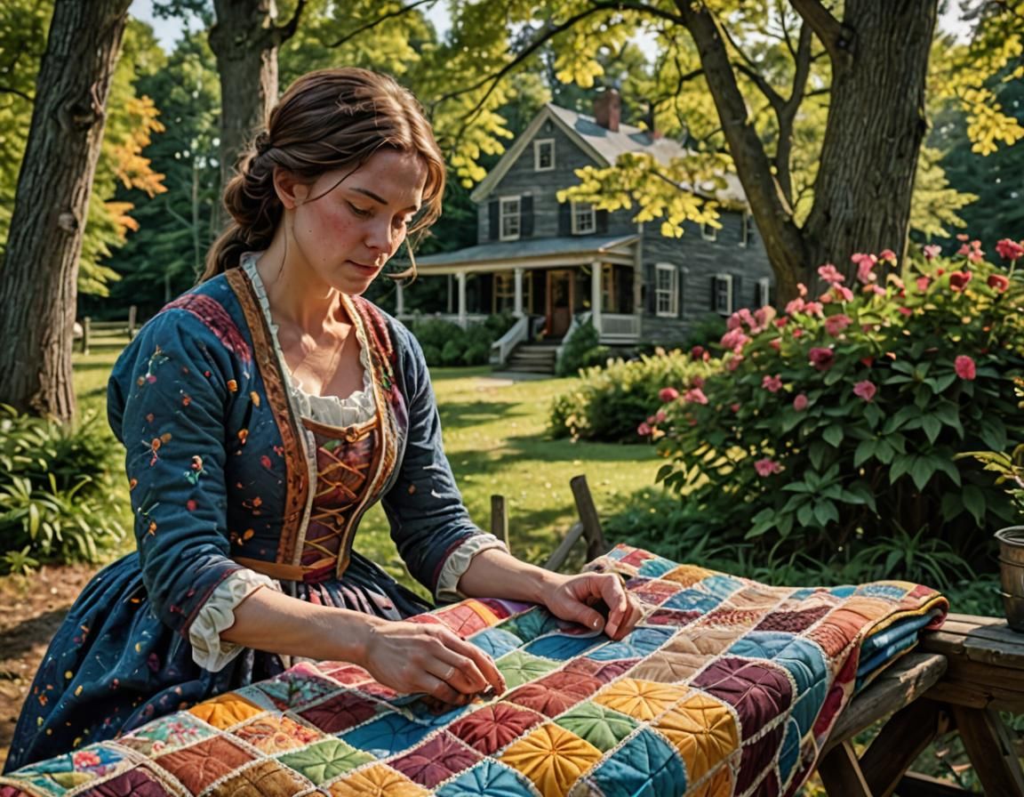 Colonial Woman Weaving Quilt in New England