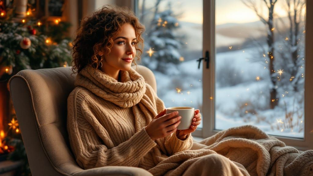 Serene Woman Enjoying Coffee in Winter Wonderland