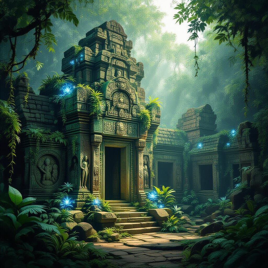 Hidden Jungle Temple: Bioluminescent Flora & Celestial Maps