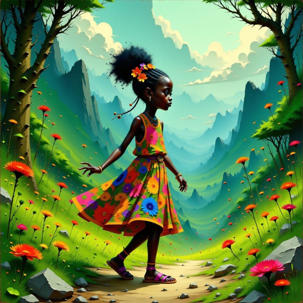 Girl in Rwandan Dress Dancing in Lush Landscape