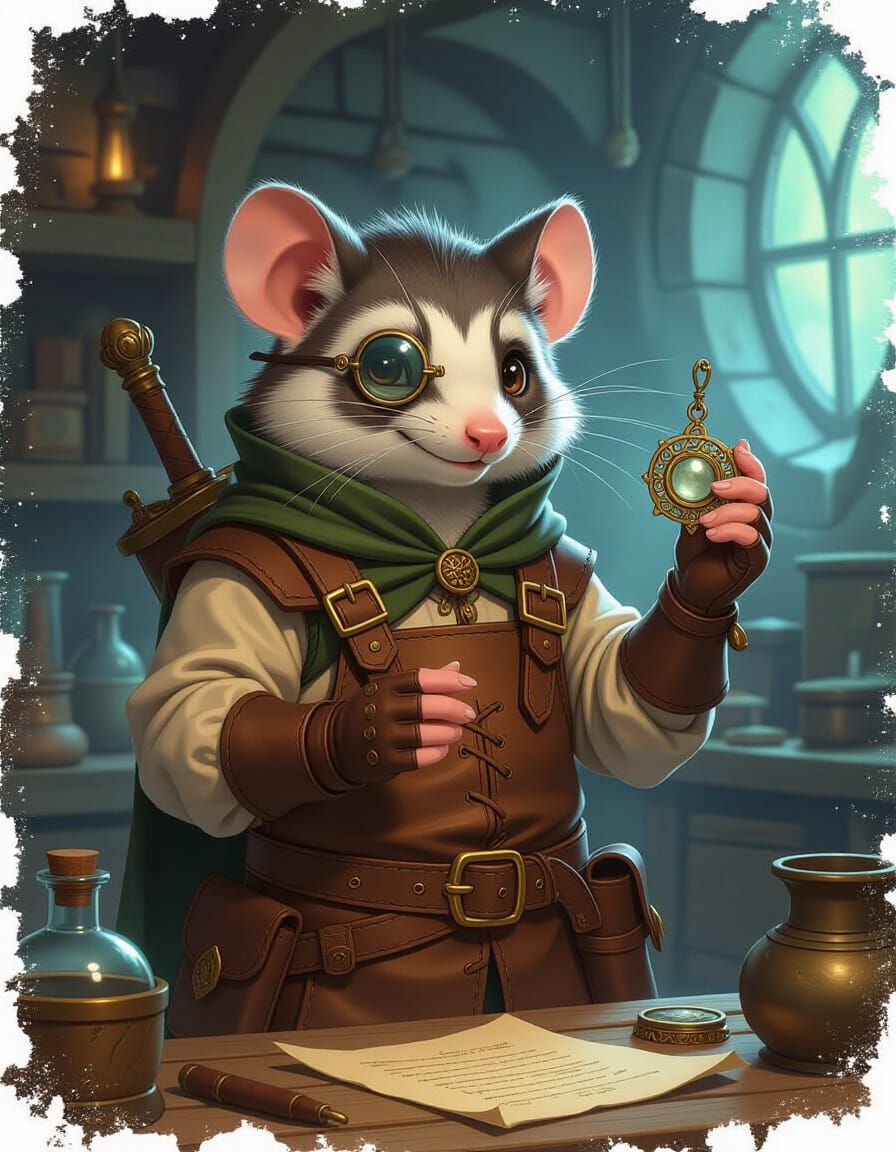 Anime Opossum Artificer in Dark Fantasy Workshop