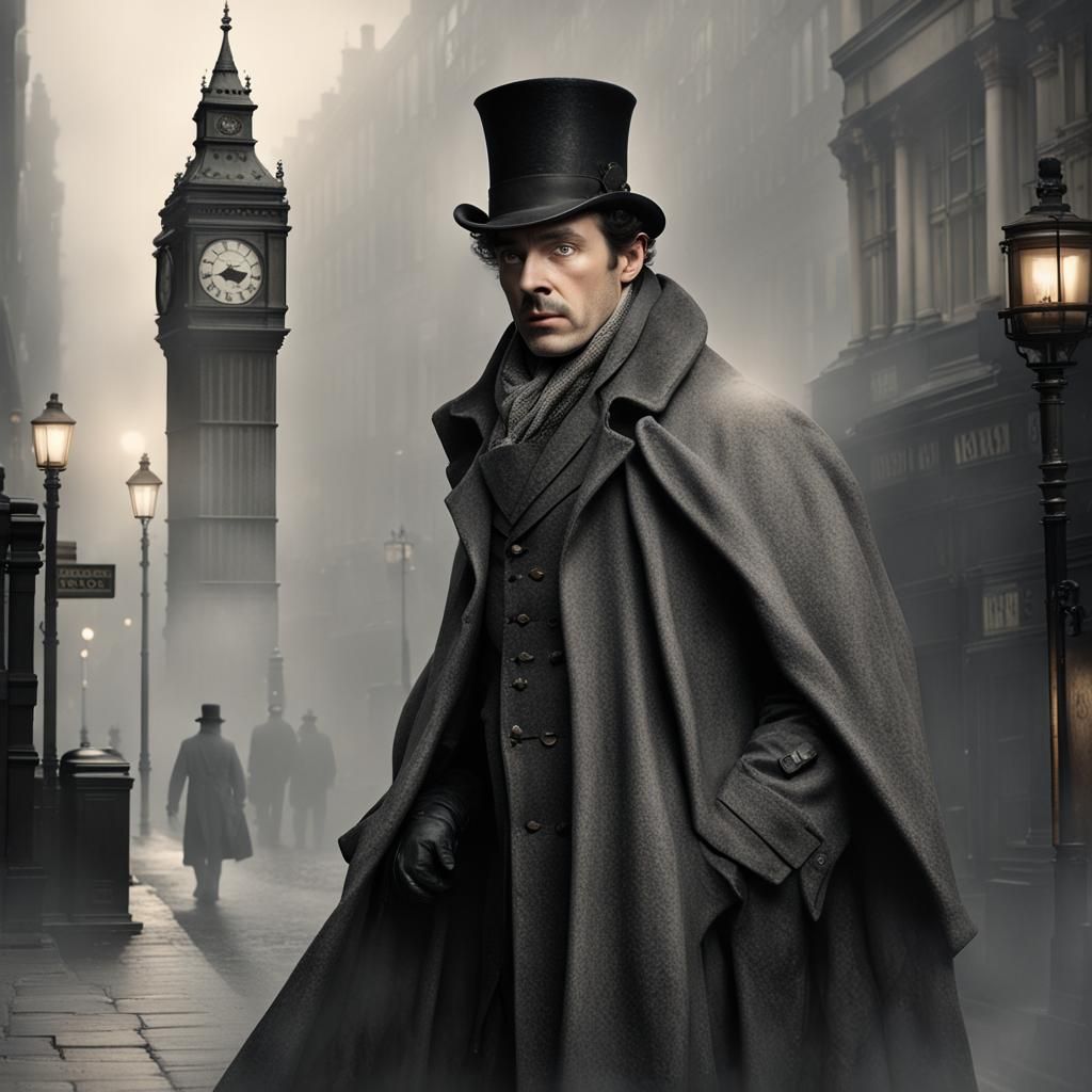 Sherlock Holmes in London Fog with Steampunk Engine
