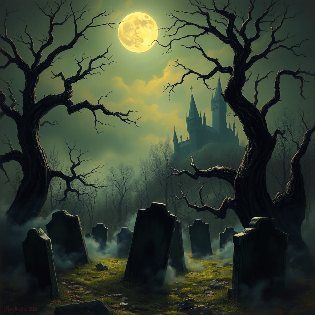 Sinister Halloween Scene with Gnarled Trees and Castle