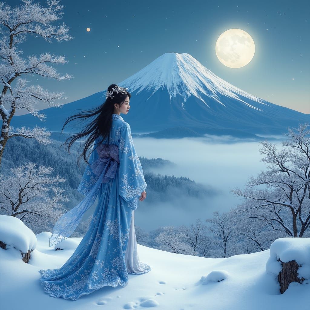 Winter Goddess Yuki-Onna Stands Majestically in a Serene Jap...