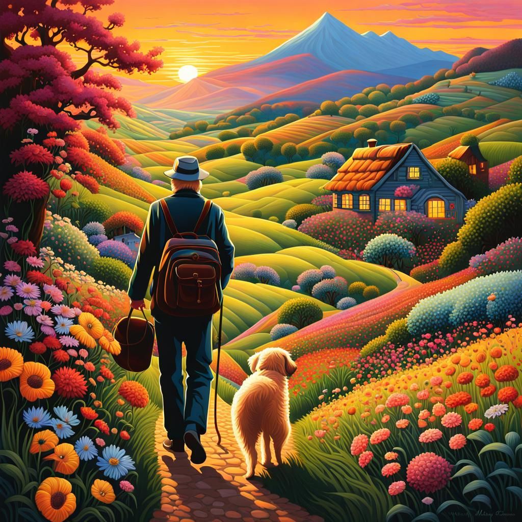 Summer Mountain Landscape in Art Brut Style