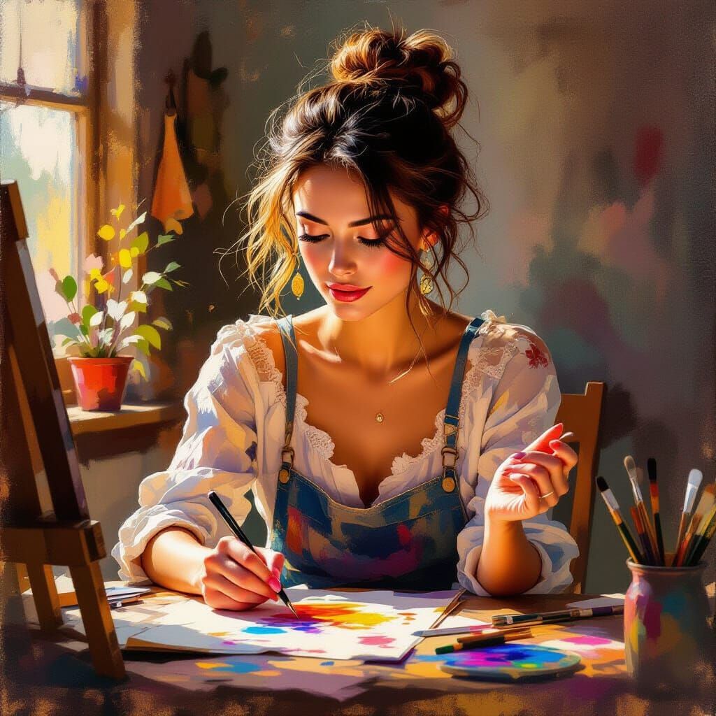 Artist's Creative Flow: Woman Lost in Art