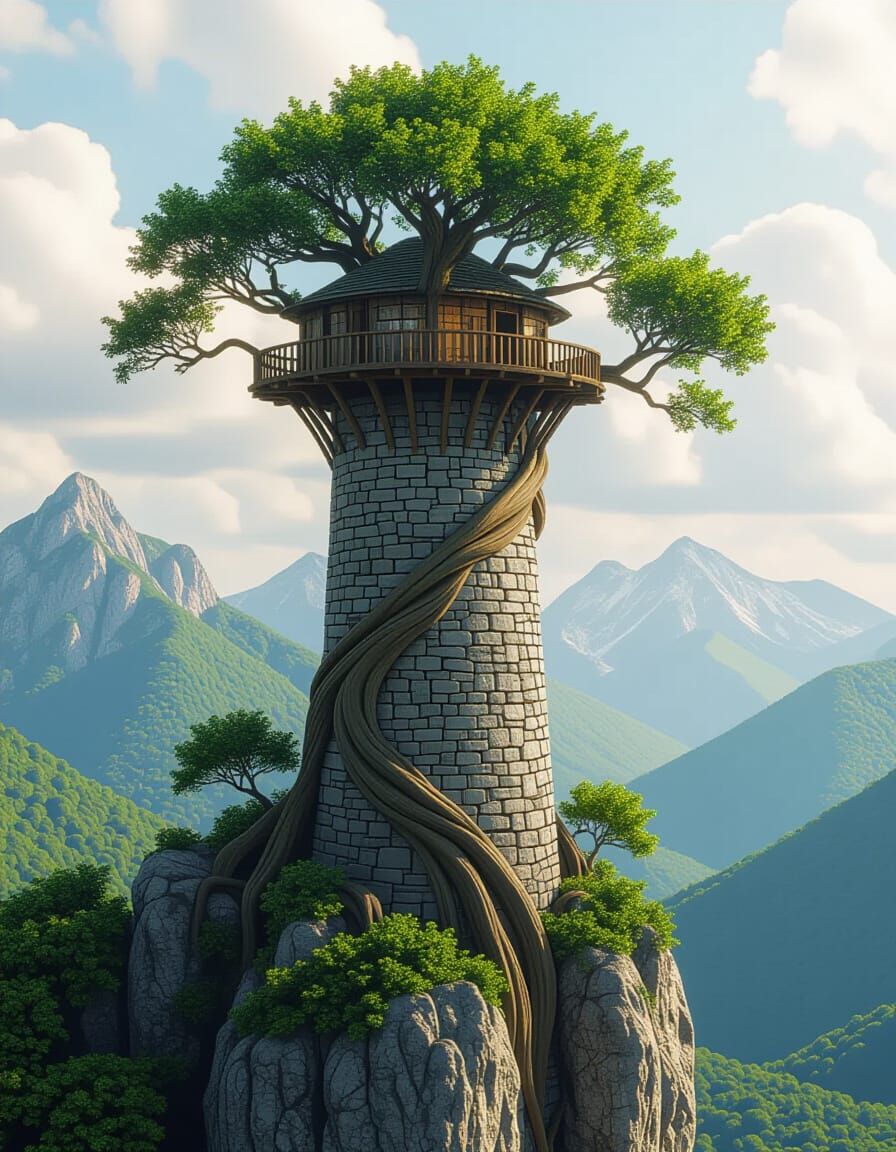 Fantasy Tree Tower in Mountain Landscape