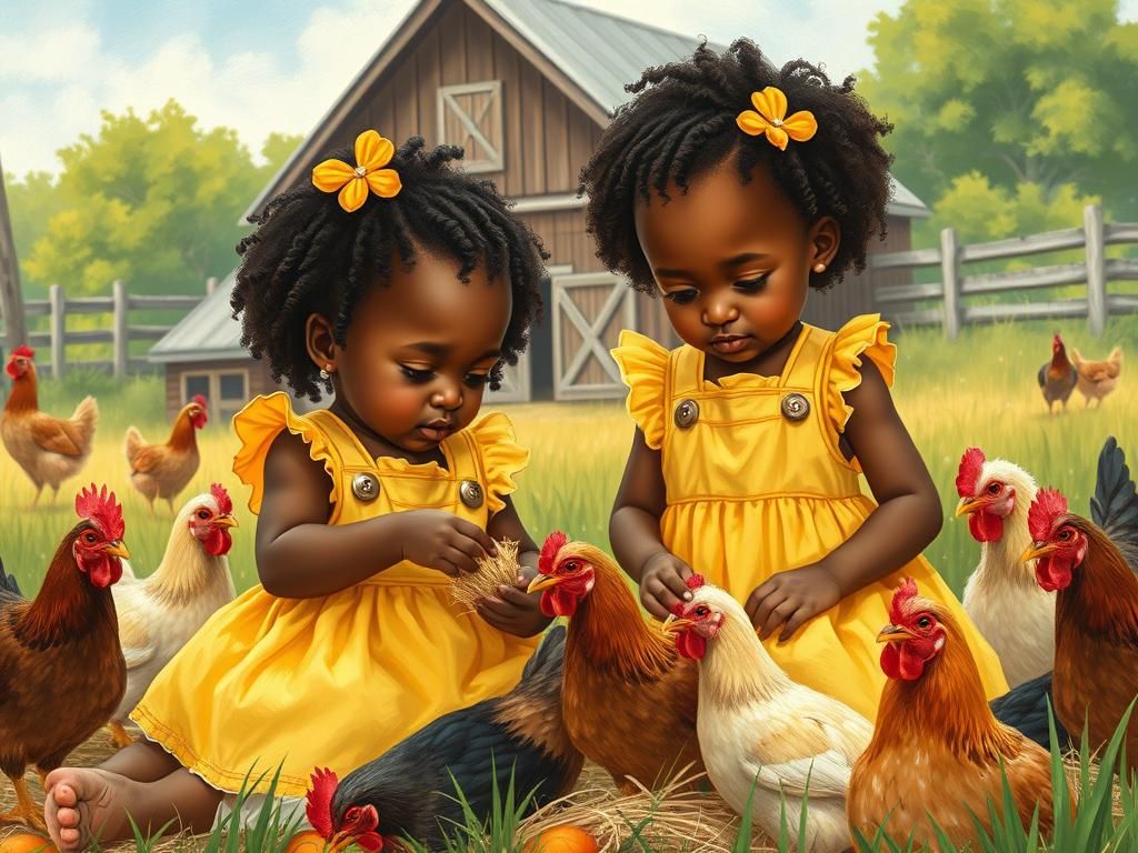 Whimsical Folk Art Scene of Black Toddler Siblings Feeding C...