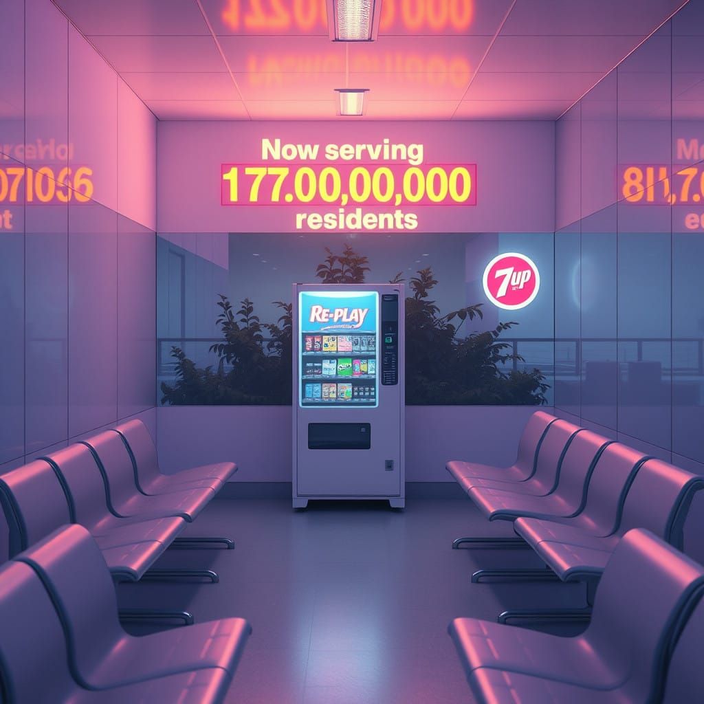 Liminal Waiting Room in Retro-Futuristic Style