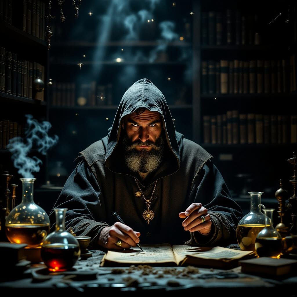 A solitary alchemist in a dimly lit, cluttered laboratory, s...