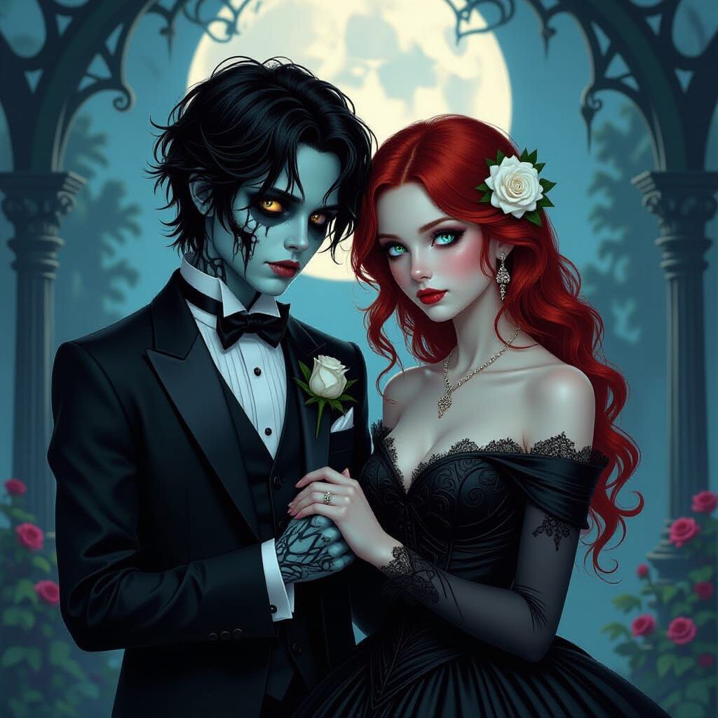 Zombie Boy Holds Hand of Red-Haired Girl in Gothic Garden