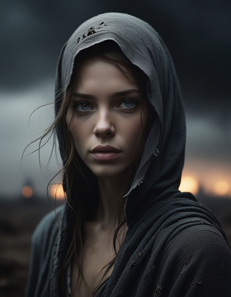 Ethereal Figure in Decay, Haunting Surreal Landscape