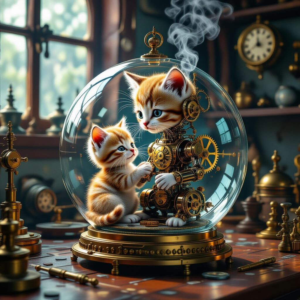 Clockwork Automaton Crafts Kitten in Glass Sphere