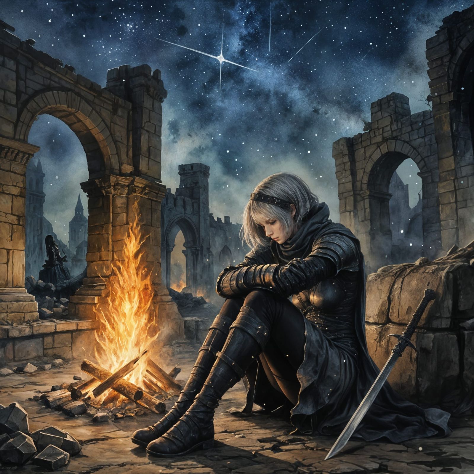 Watercolor Bonfire Scene in Dark Souls Style