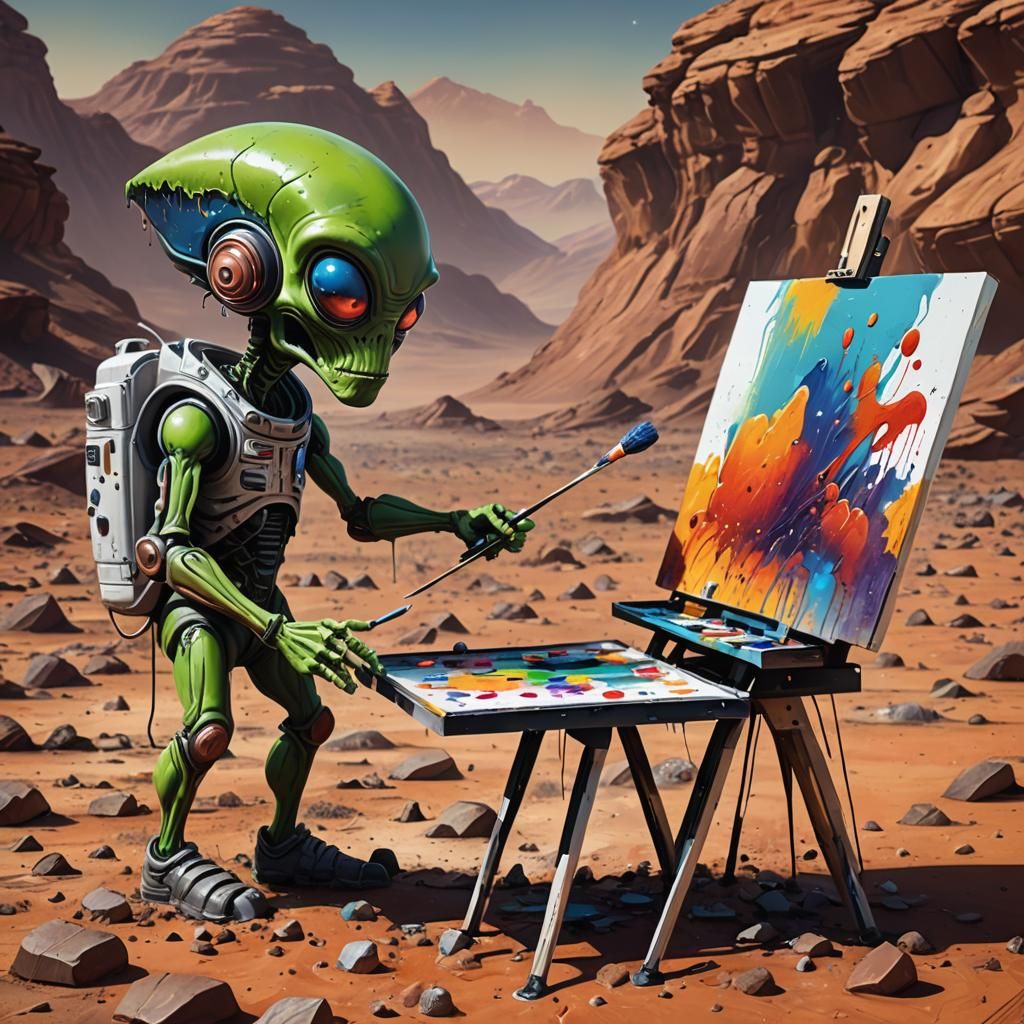 Cartoon Martian Artist Painting Colorful Graffiti on Mars