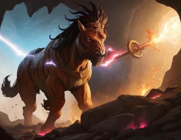 Dramatic Battle Scene in Ancient Cavern