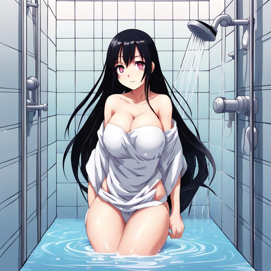 Anime Girl in Shower with Towel, Manga Style