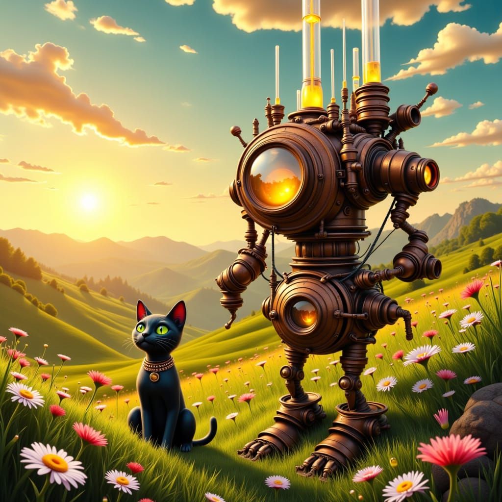 Steampunk Robot in Surreal Landscape with Black Cat