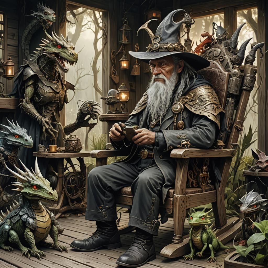 Warlock with Cyborg Dragons on Swamp Hut Porch