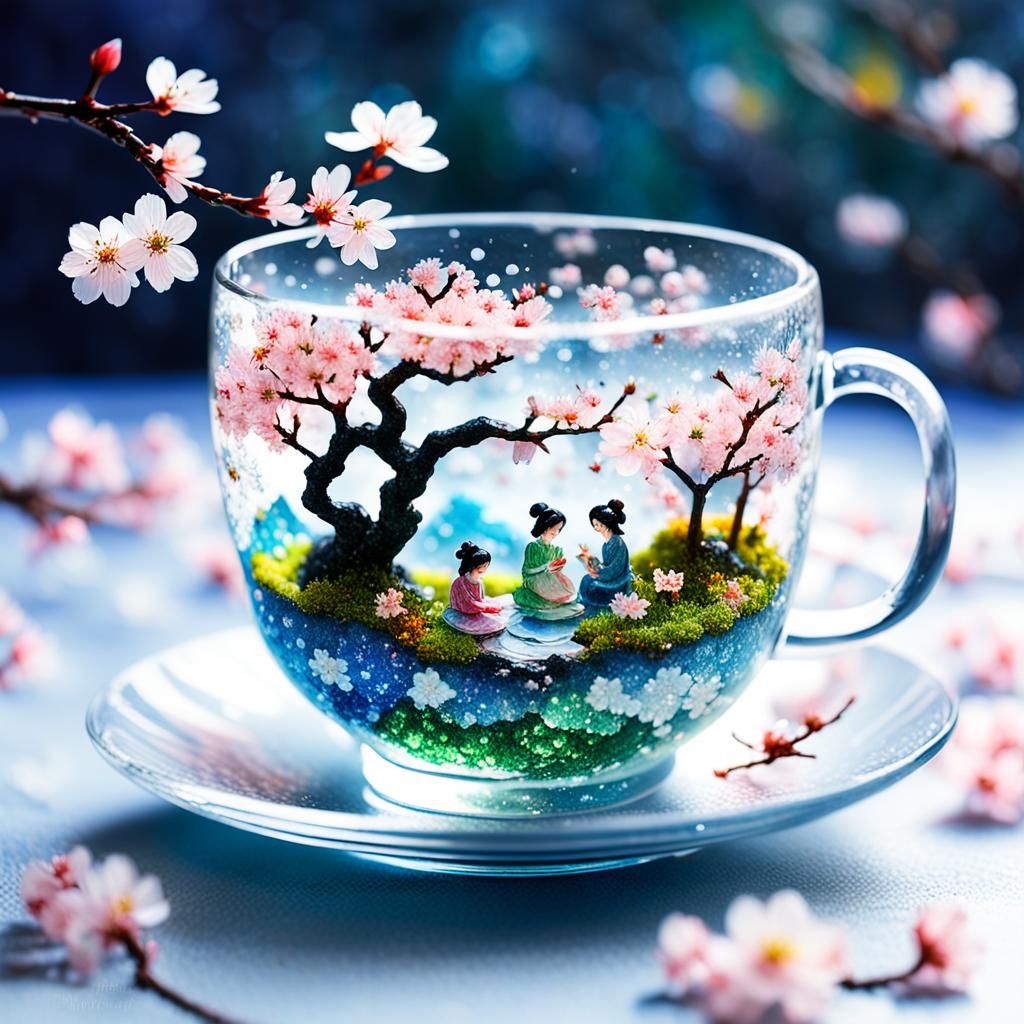Sakura Garden in Teacup: Dreamlike 3D Bas-Relief Art