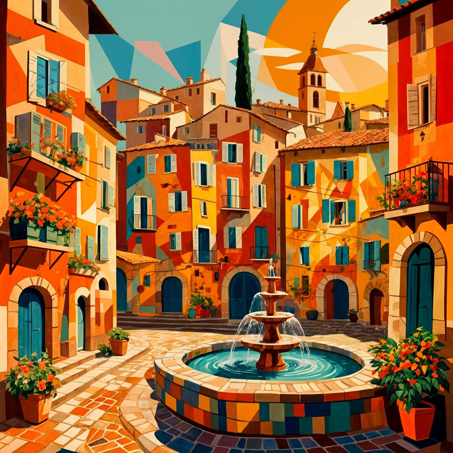 French Village Market Square in Cubist Style