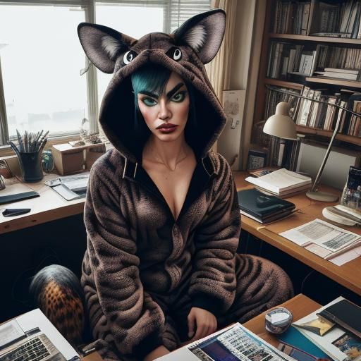 Surreal Person in Animal Costume at Desk