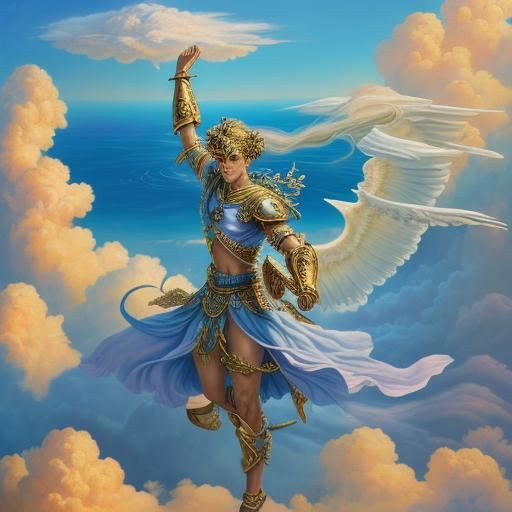 Winged Warrior in Clouds: Surreal Fantasy Art