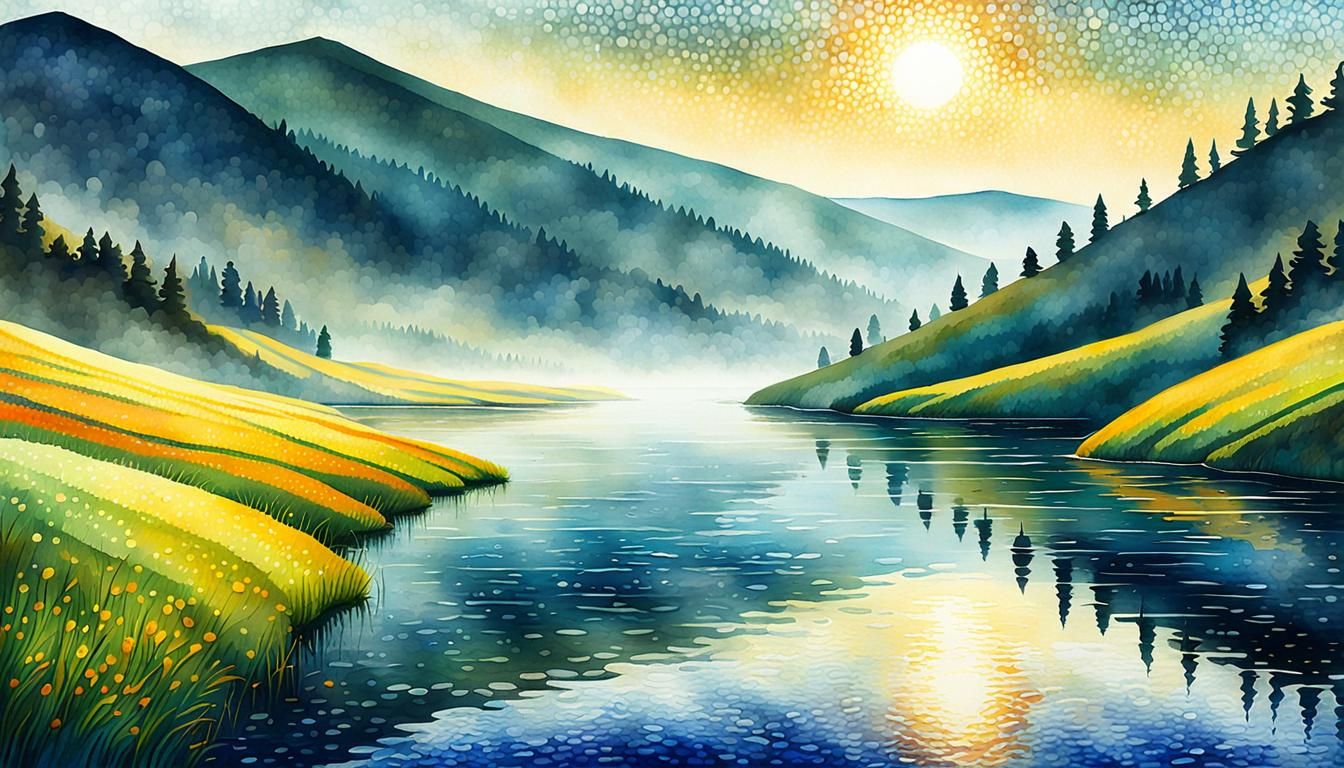 Serene Hillside Landscape in Pointillism Style