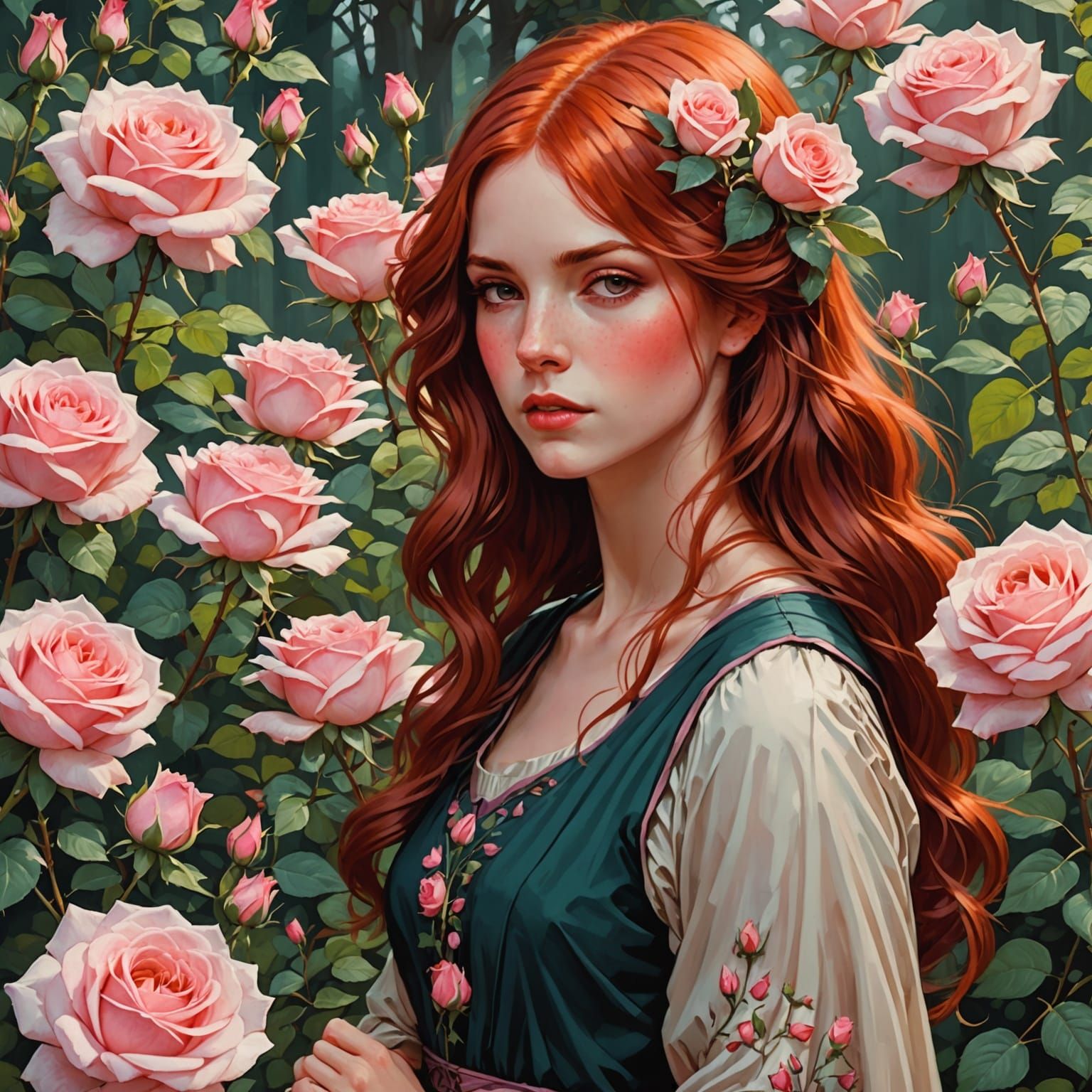 Anime Woman with Pink Roses in Waterhouse Style