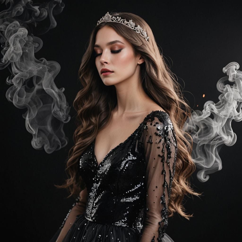 Princess in Black Gown Portrait with Smoke