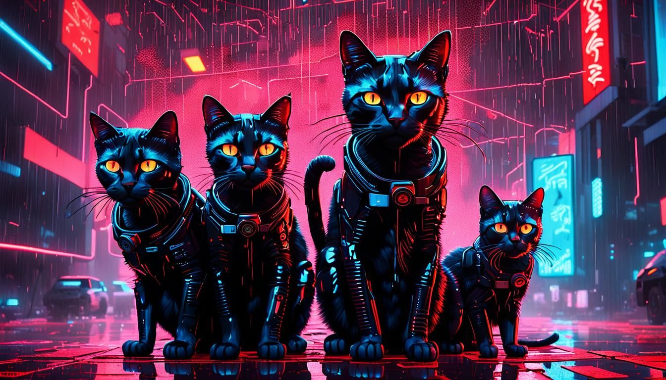 Cyberpunk Cats in Matrix Rain: Anime-Style Portrait