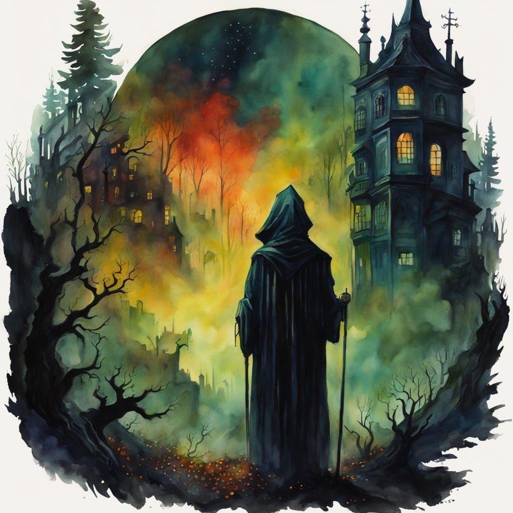 Mysterious Fog Figure in Vintage Watercolor Style