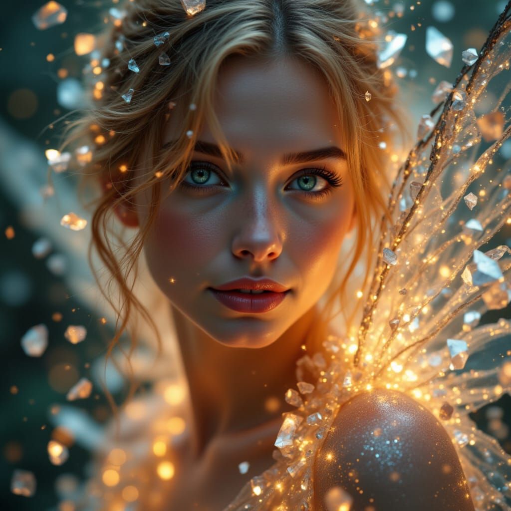 Fairy Woman with Crystal Wings in Rose-Gold Light