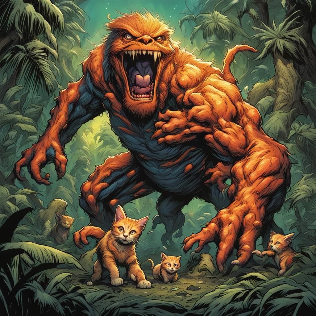 Hybrid Monster Attacks Puppies and Kittens: Comic Book Art
