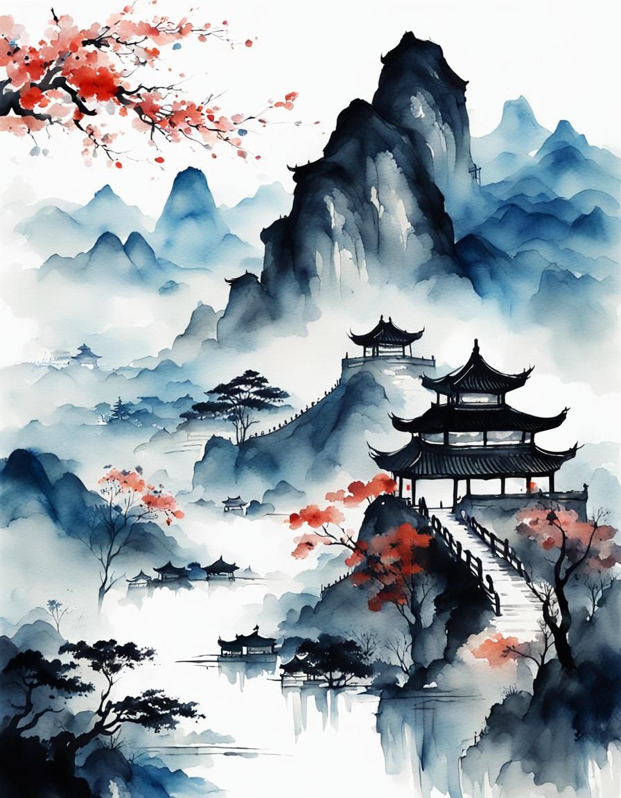 Elegant Chinese Watercolor Landscape with Great Wall